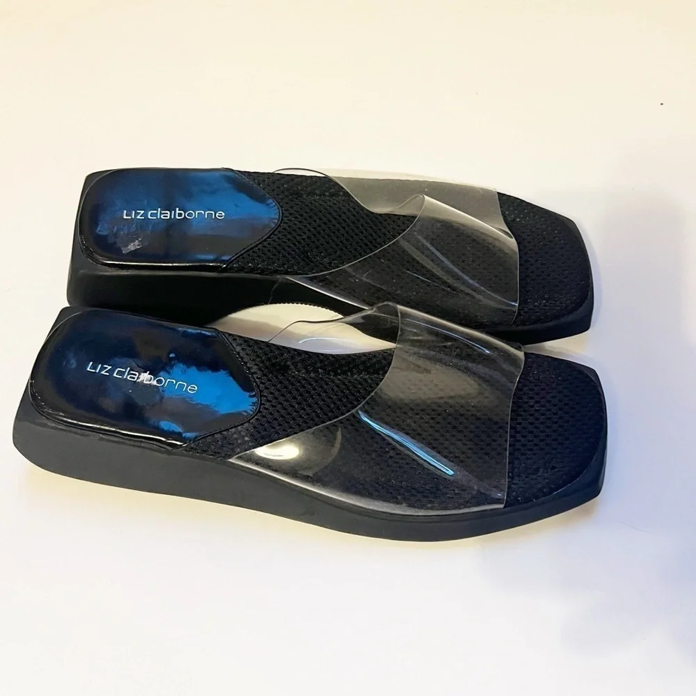 Liz Claiborne Clear Band Black Beach Platform Slides